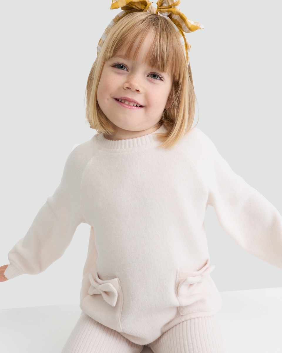 image 1 of F&F Girls 2-Piece Knitted Bow Pocket Jumper and Ribbed Leggings in Cream