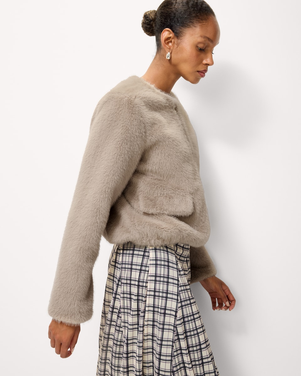 image 1 of F&F Faux Fur Zip Up Short Jacket in Neutral