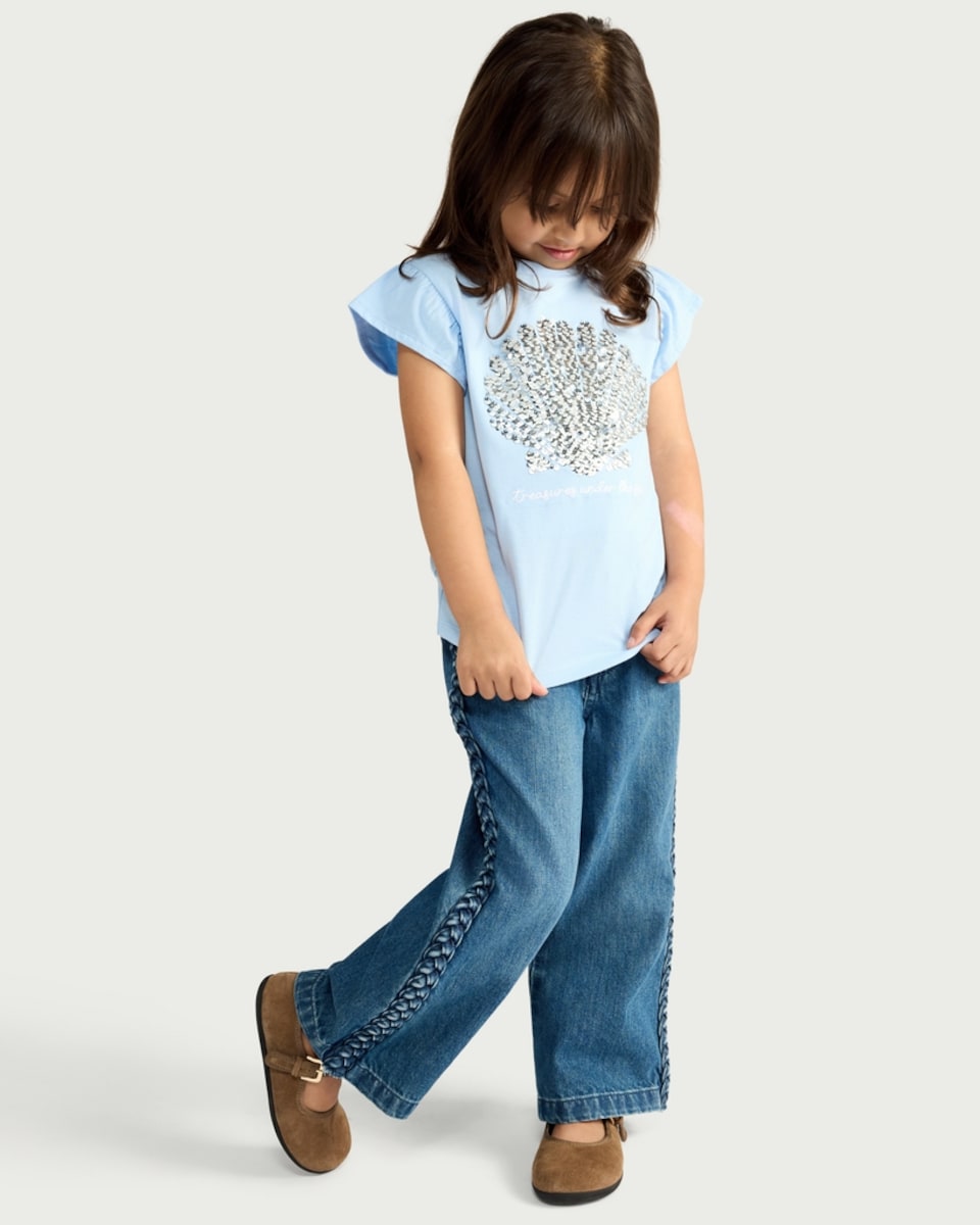 image 1 of F&F Girls Pure Cotton Sequin Shell T-Shirt in Blue