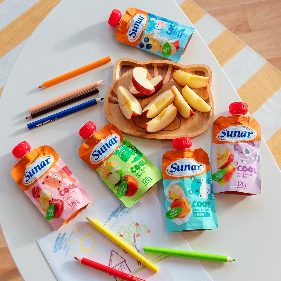 Obrázek 1 pro produkt Sunar Cool ovocná kapsička banán, meruňka, jogurt 12m+, 110g