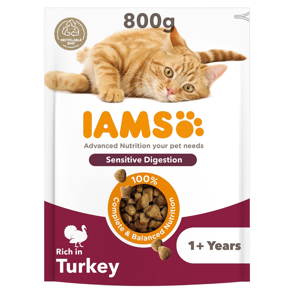 IAMS Adult Sensitive Dry Cat Food Turkey 800g