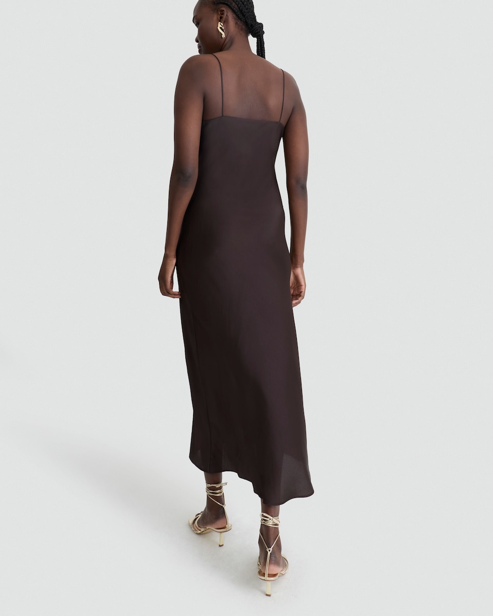 image 1 of F&F Gold Trim Strappy Midi Dress in Chocolate
