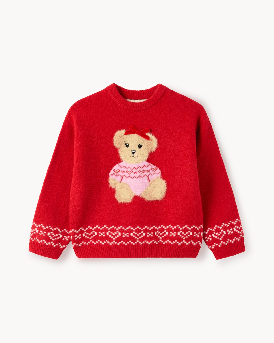 image 1 of Christmas Girls Teddy Jumper in Red