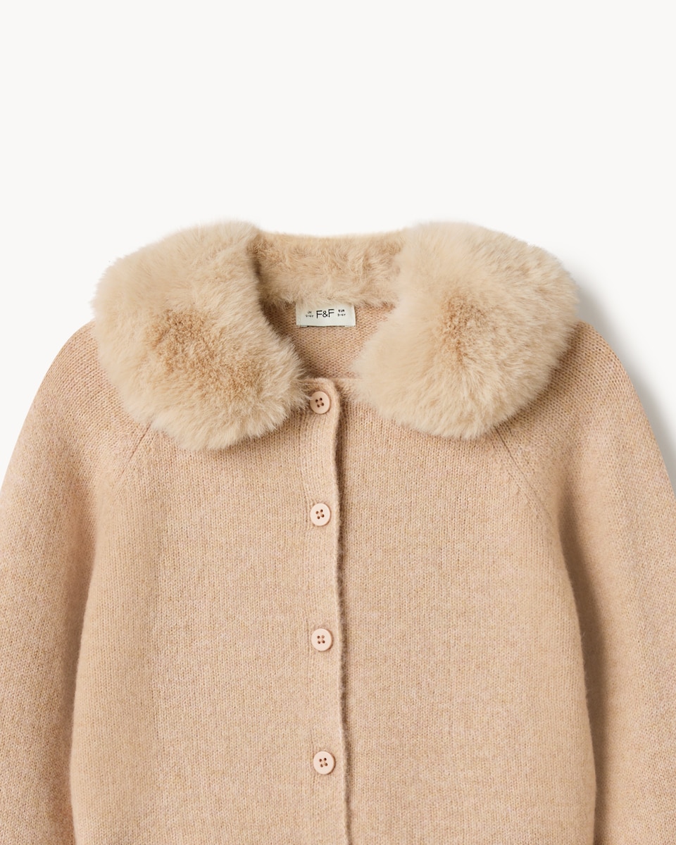 image 1 of F&F Girls Faux Fur Collared Cardigan in Tan