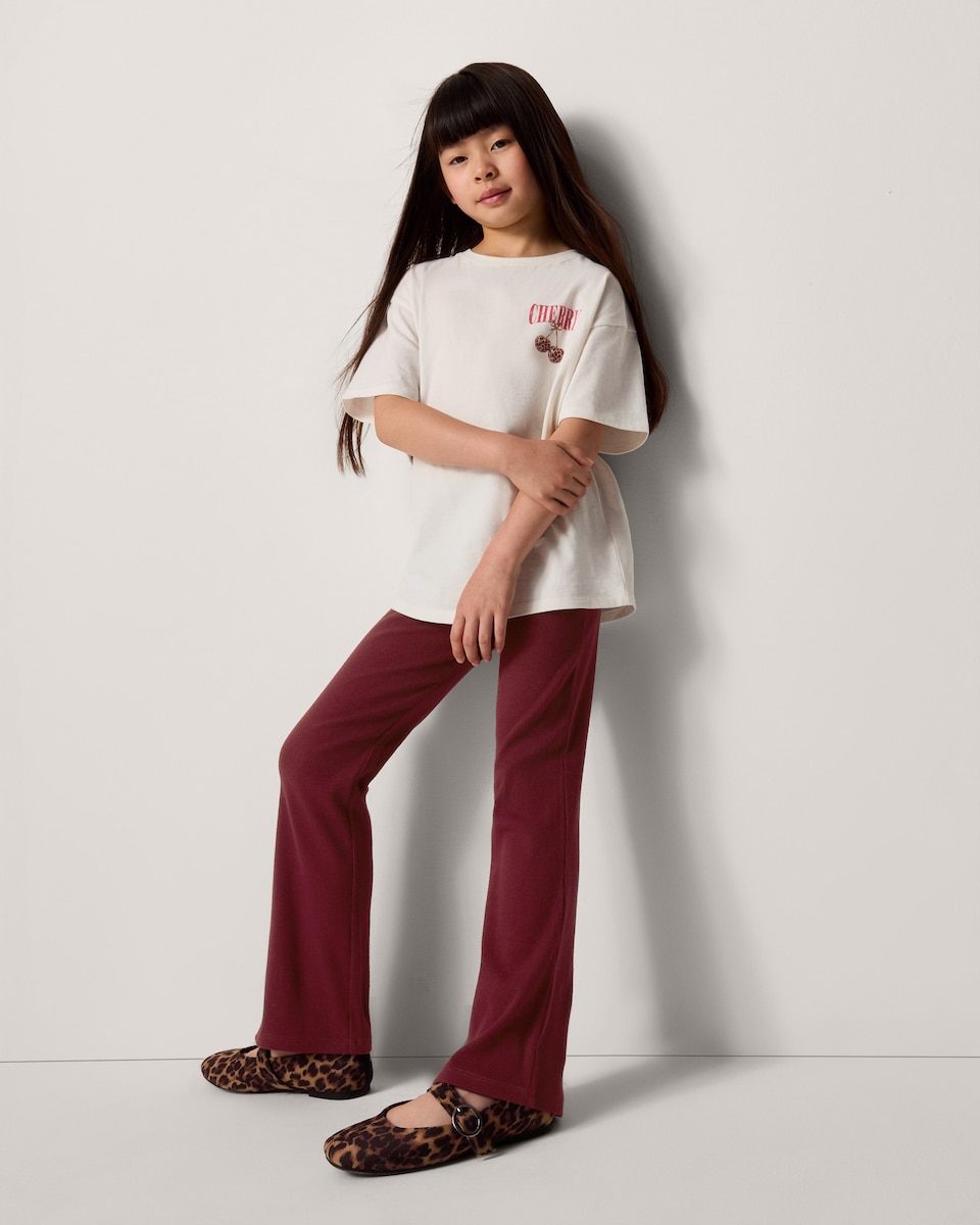 image 1 of F&F Girls Cotton Rich Ribbed Flared Leggings in Burgundy