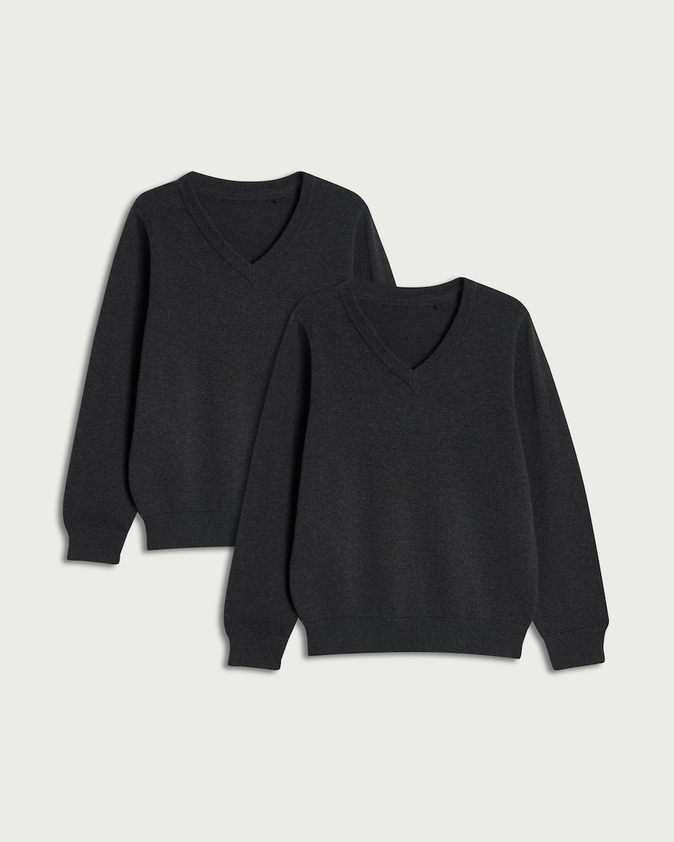 image 1 of F&F School Unisex 2-Pack Pure Cotton V-Neck Jumpers in Grey