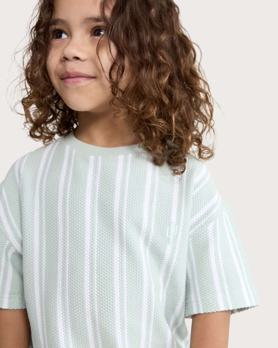 image 1 of F&F Boys 2-Piece Cotton Rich Textured Striped T-Shirt and Shorts Set in Mint