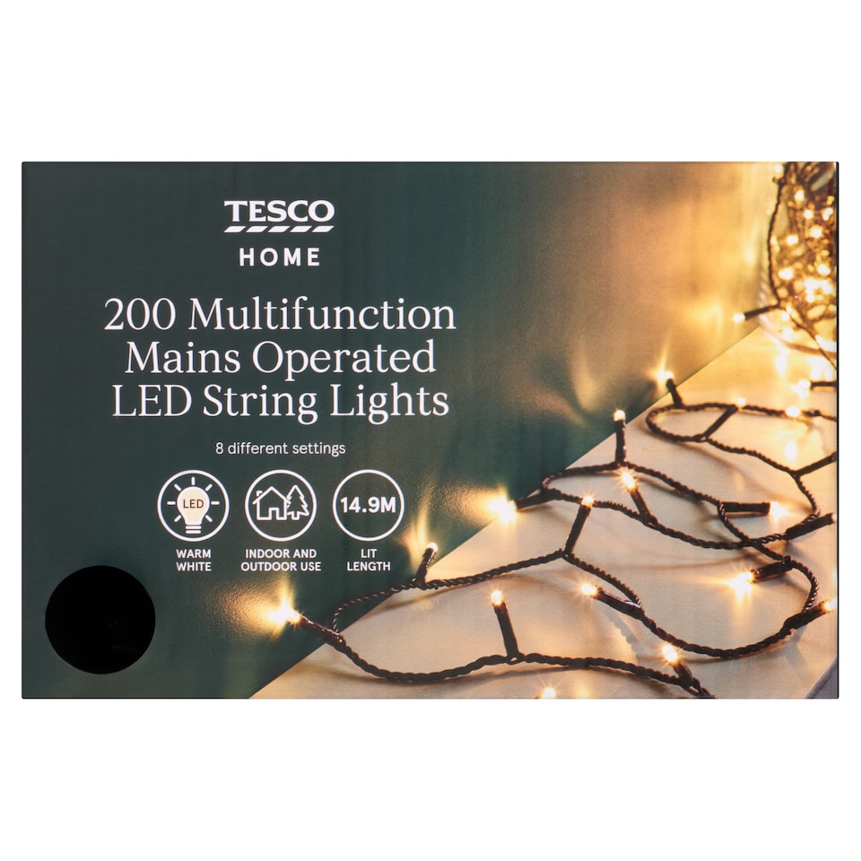 image 1 of Tesco 200 Multifunction Mains Operated Warm White String LED Christmas Lights 14.9M
