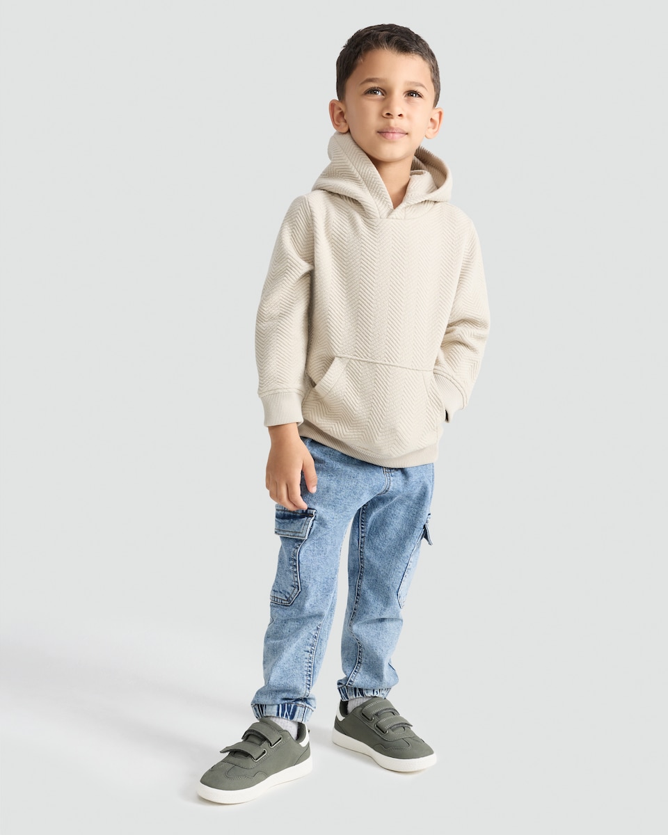 image 1 of F&F Boys Cotton Blend Herringbone Pattern Kangaroo Pocket Hoodie in Tan