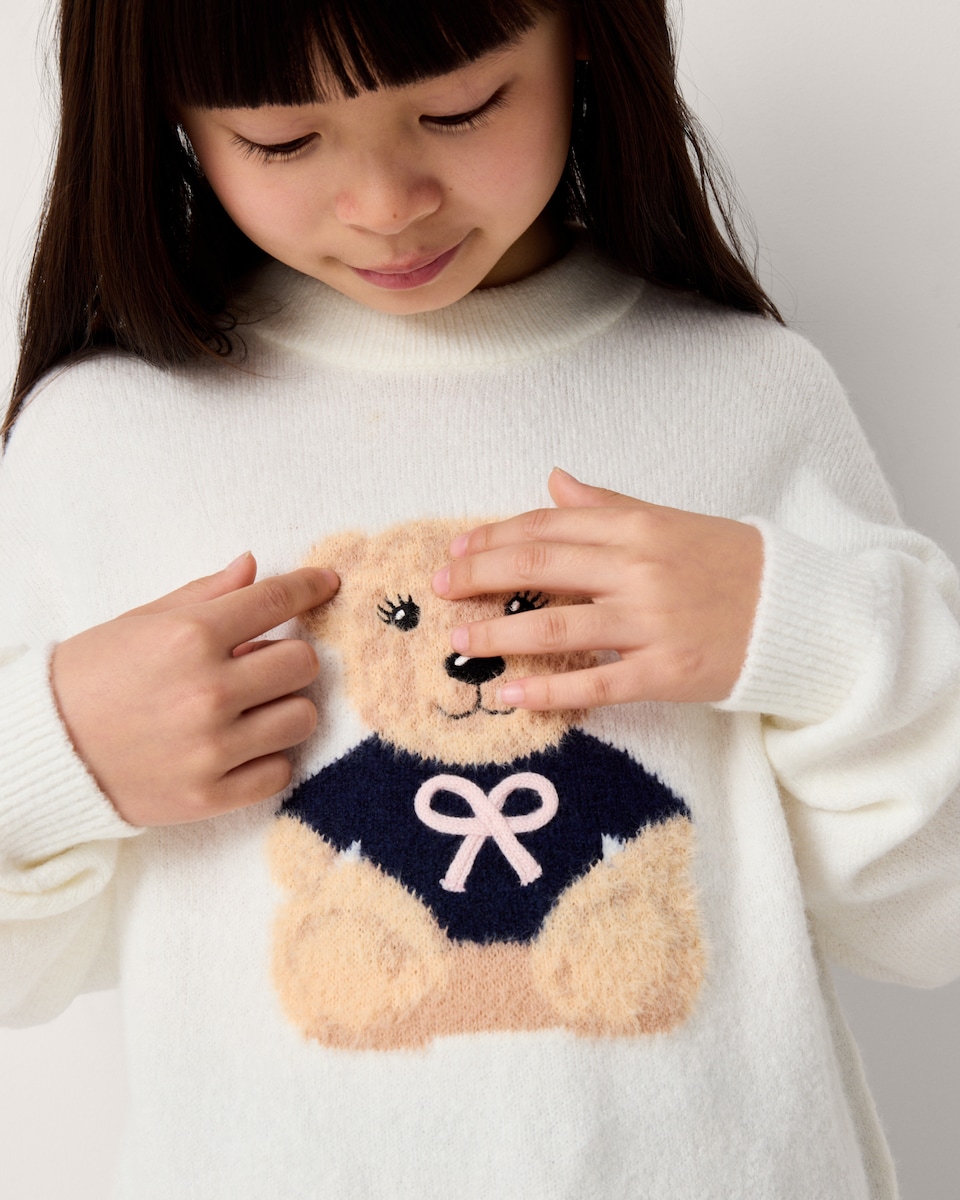 image 1 of F&F Girls Teddy Bear Knitted Jumper in Cream