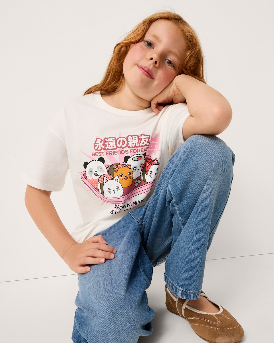 image 1 of F&F Girls Pure Cotton Printed T-Shirt in Cream