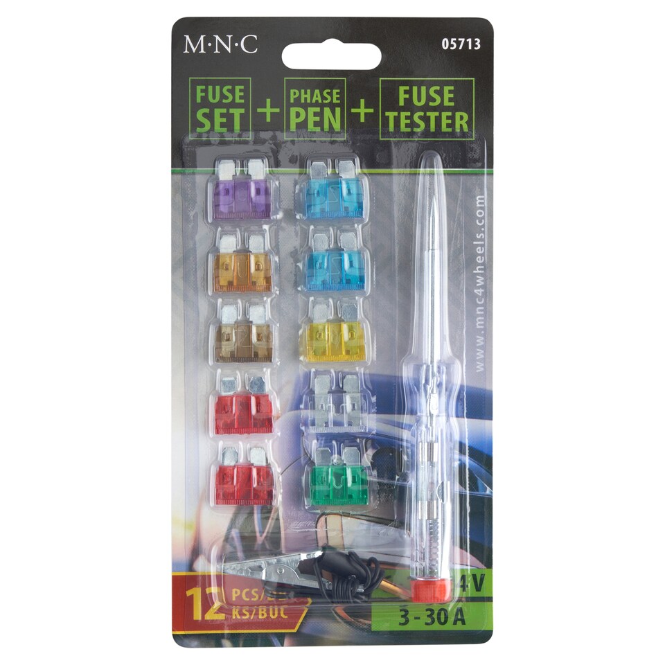 M.N.C. Sada pojistek + fázová tužka + tester 12 ks
