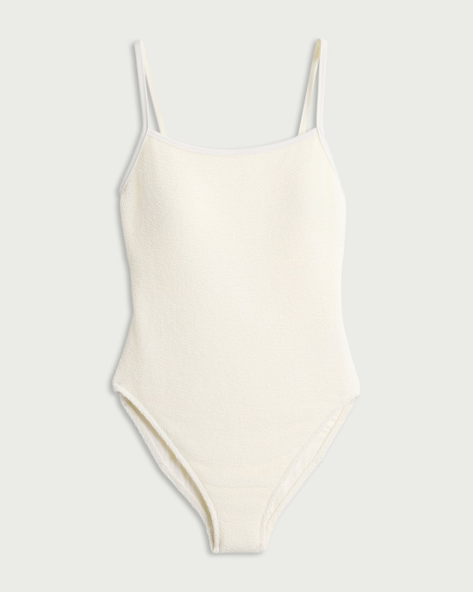 image 1 of F&F Crinkle Textured Thin Strap Swimsuit in Cream