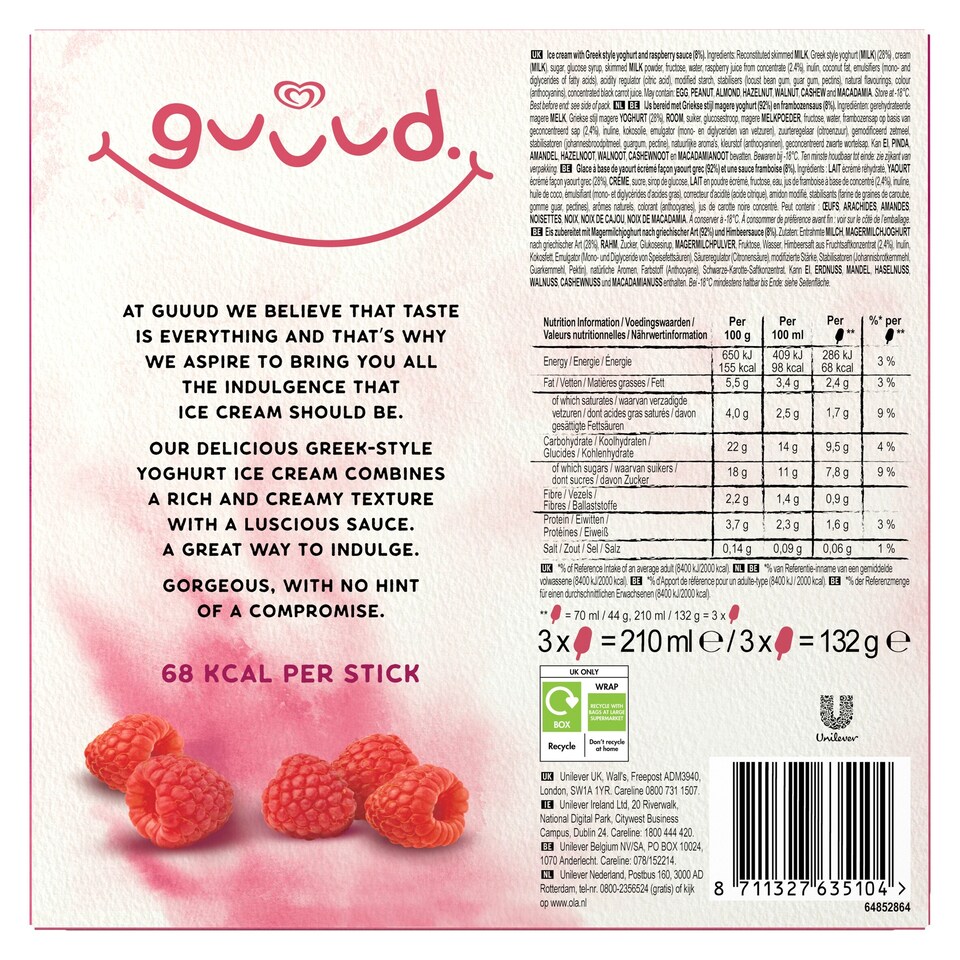 image 1 of Guuud Raspberry Greek Style Yoghurt Ice Cream Sticks 3x70ml