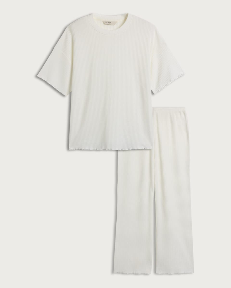 image 1 of F&F 2-Piece Waffle Texture Pyjama Set in Cream
