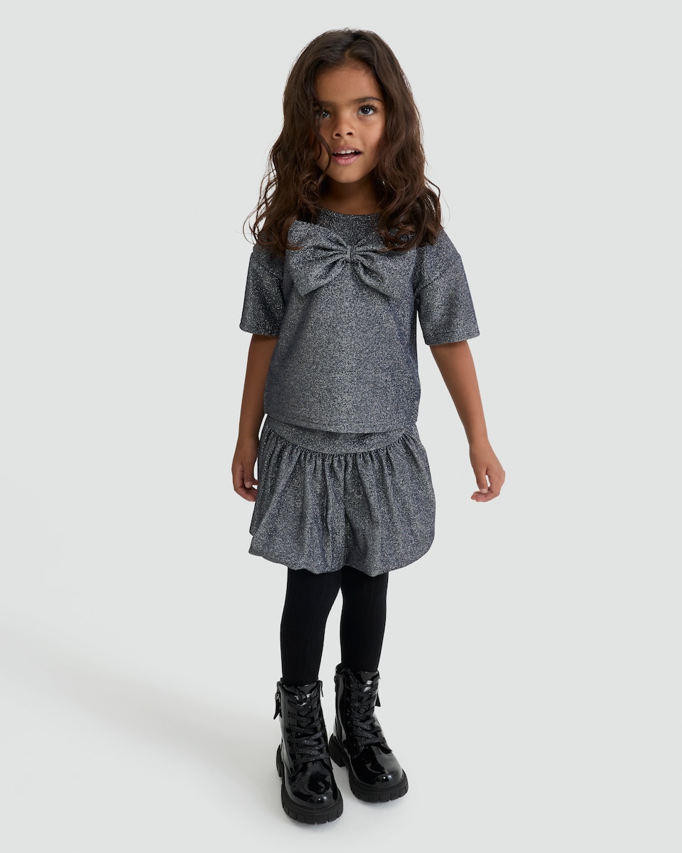 image 1 of F&F Girls 2-Piece Sparkle Bow Top and Skirt Set in Black