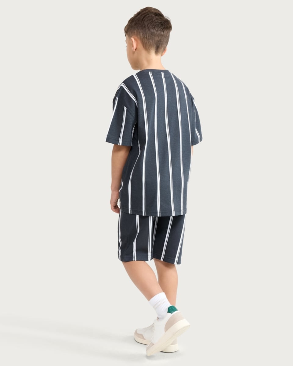image 1 of F&F Boys 2-Piece Pure Cotton Striped T-Shirt and Shorts Set in Grey