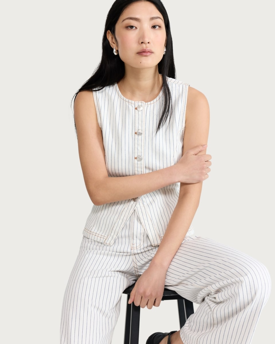 image 1 of F&F Pure Cotton Striped Co-ord Denim Waistcoat in White