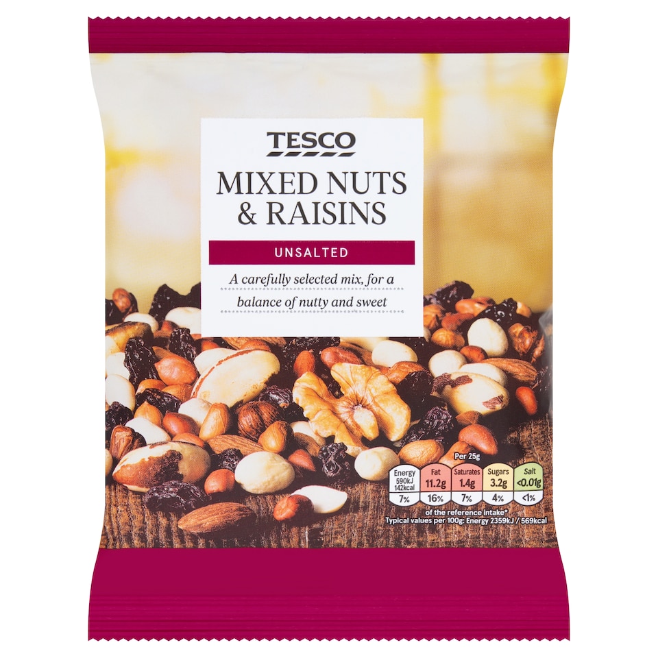 Tesco Unsalted Mixed Nuts & Raisins 250G