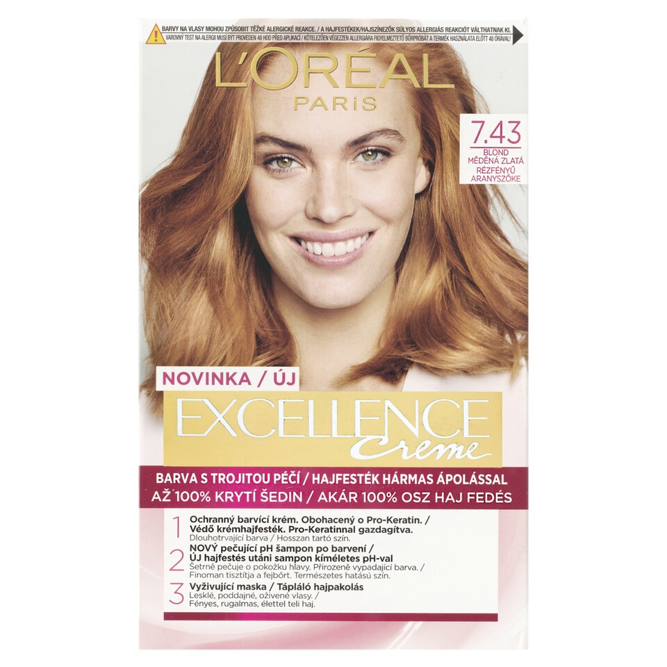 L'Oréal Paris Excellence 7 .43 Blond měděná zlatá, 72 ml + 48 ml + 12 ml + 60 ml