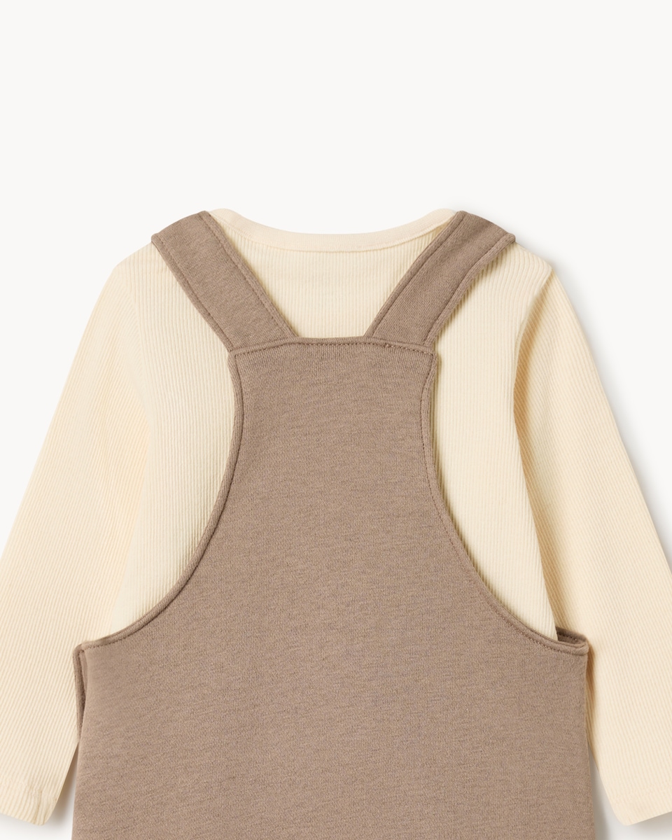 image 1 of F&F Baby Cotton Rich Teddy Bear Embroidered Dungarees and Bodysuit Set in Neutral