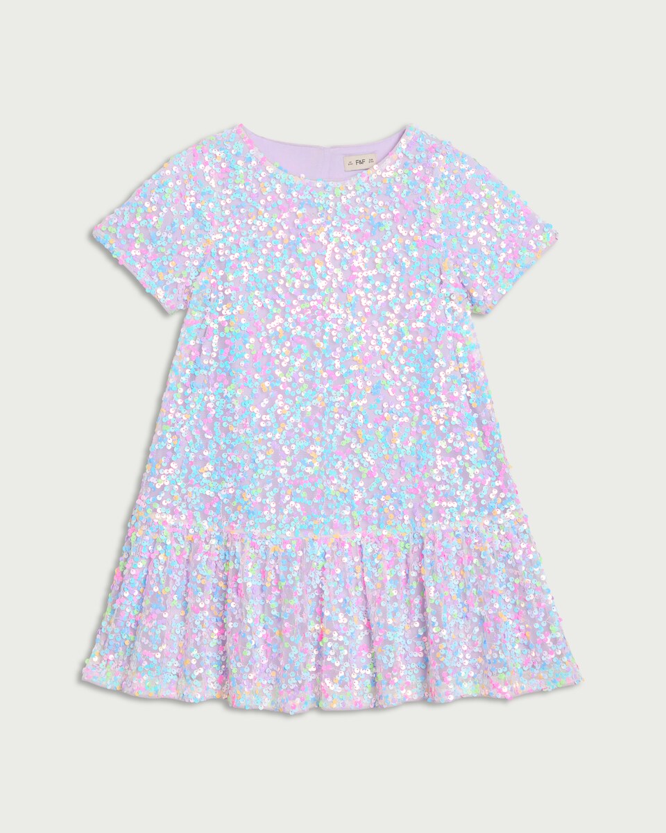 image 1 of F&F Girls Sequin Short Sleeved Dress in Lilac