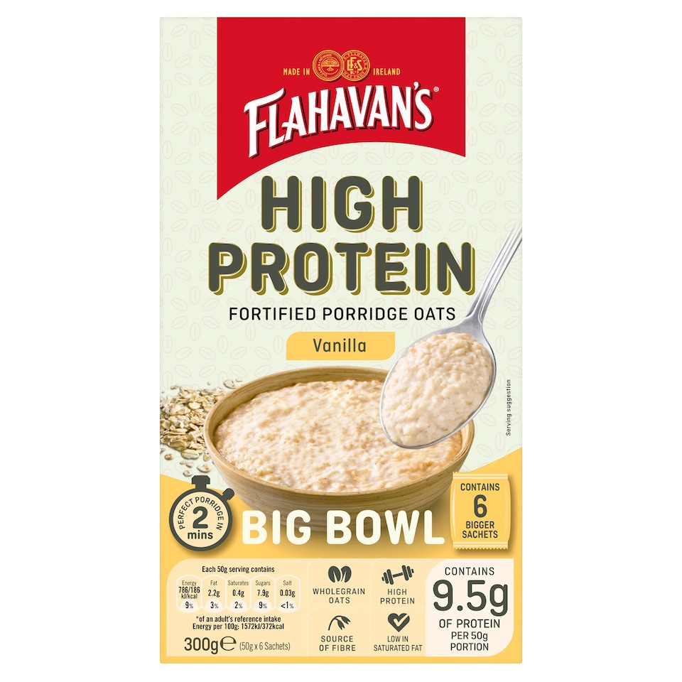 Flahavans High Protein Fortified Porridge Oat Sachets Vanilla 6x50g