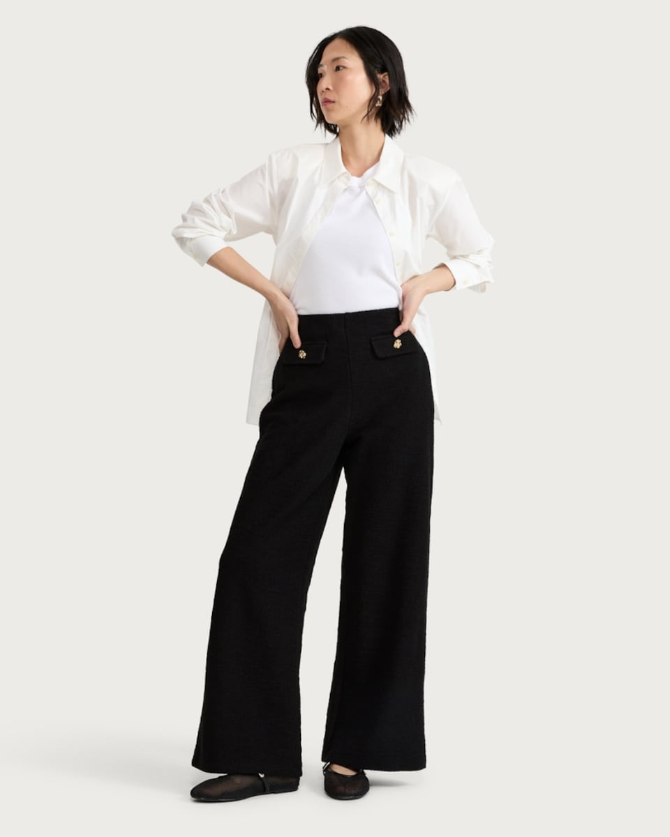 image 1 of F&F Cotton Rich Boucle Textured Wide Leg Trousers in Black