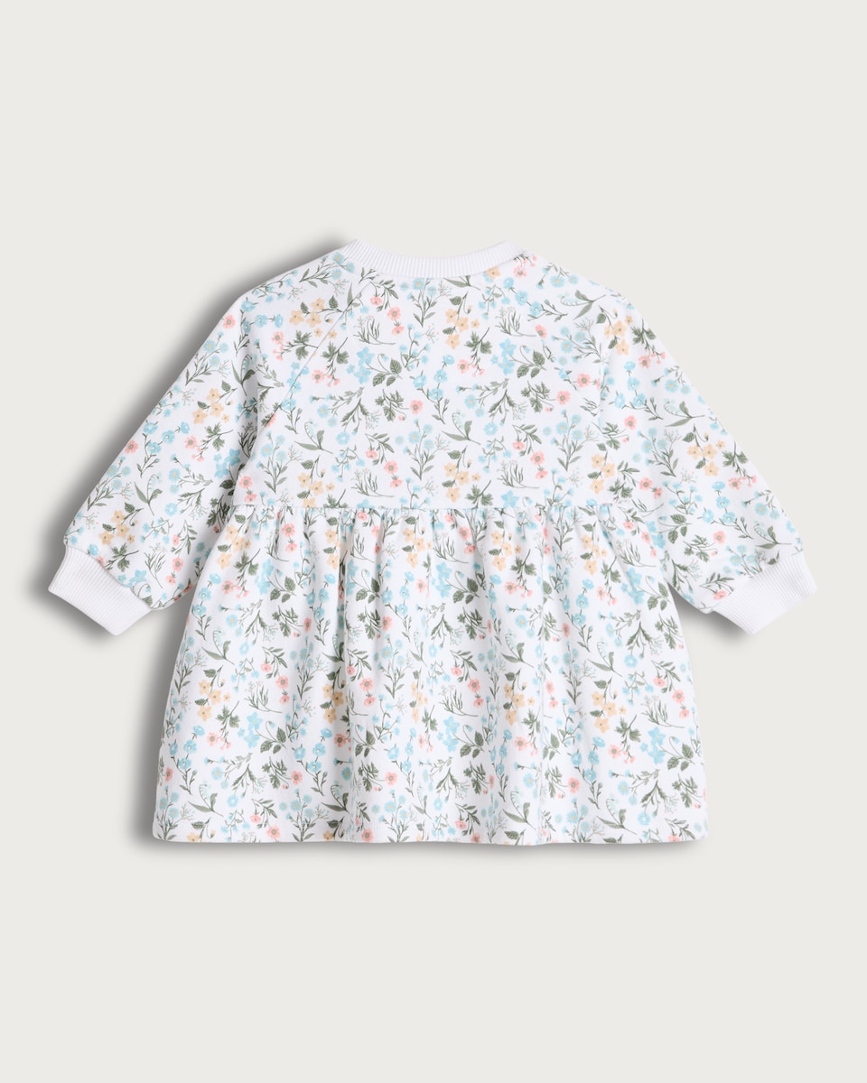 image 1 of F&F Baby Cotton Rich Floral Print Long Sleeved Sweater Dress in Cream