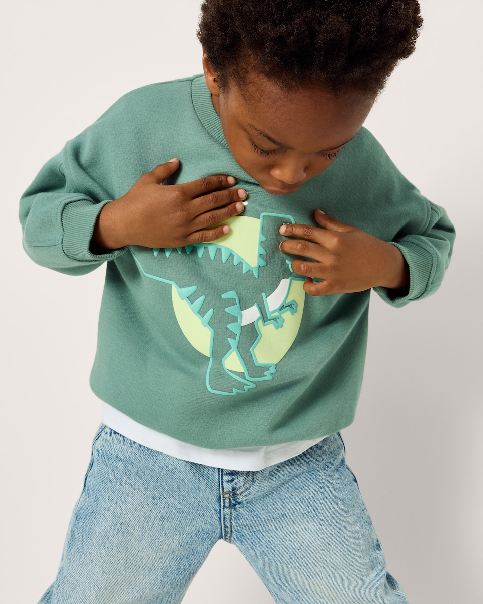 image 1 of F&F Boys Cotton Rich Dinosaur Sweatshirt in Green
