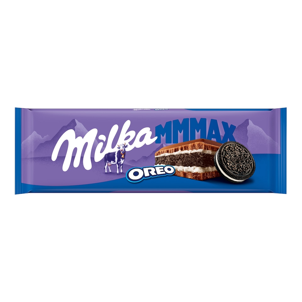 Milka Mmmax Oreo alpesi tejcsokoládé vanília ízű tejes krémtöltelékkel és kakaós keksszel 300 g