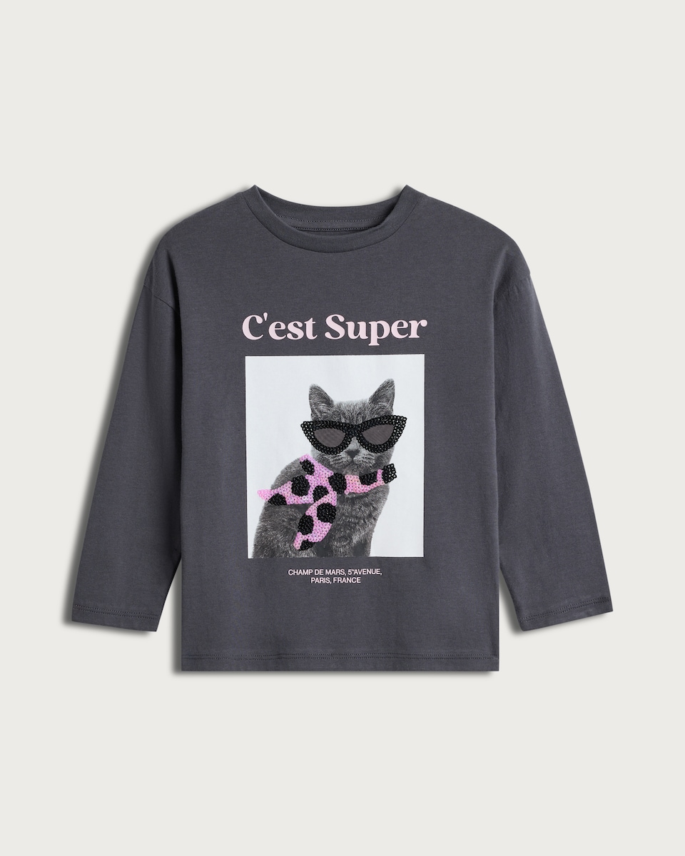 image 1 of F&F Girls Pure Cotton Cat Print Long Sleeved Top in Black