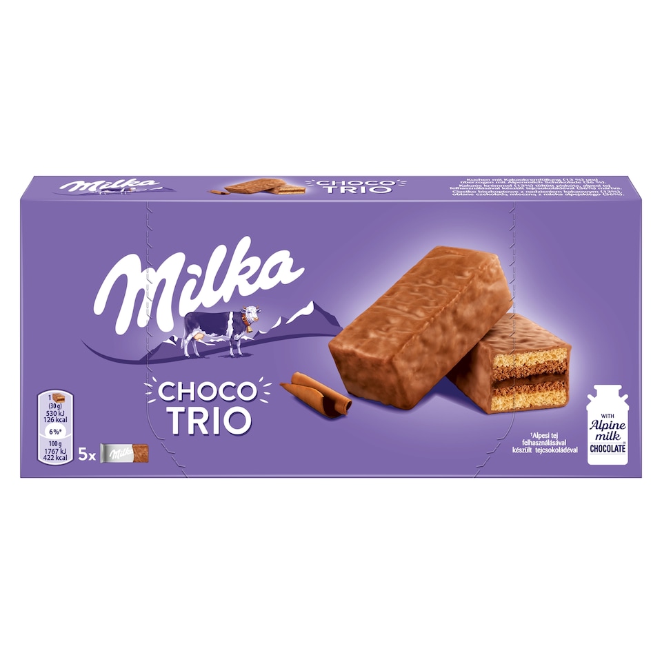 Milka Choco Trio kakaós krémmel töltött piskóta tejcsokoládéval mártva 5 x 30 g (150 g)