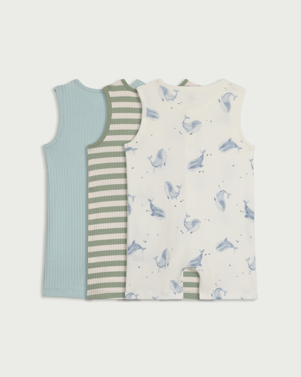 image 1 of F&F Baby 3-Pack Whale Print Sleeveless Rompers in Multi
