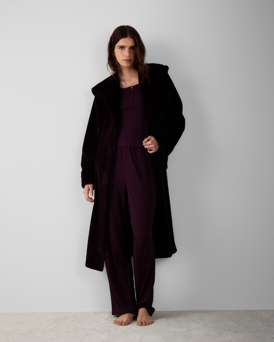 image 1 of F&F Fleece Hooded Dressing Gown in Burgundy
