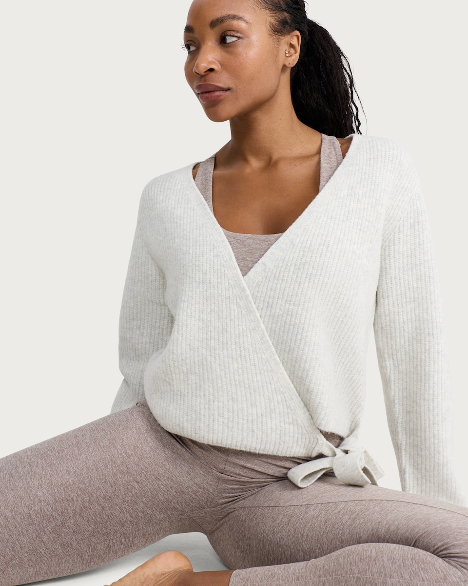 image 1 of F&F Active AFTERCLASS Ribbed Wrap Front Cardigan with Wool in Cream