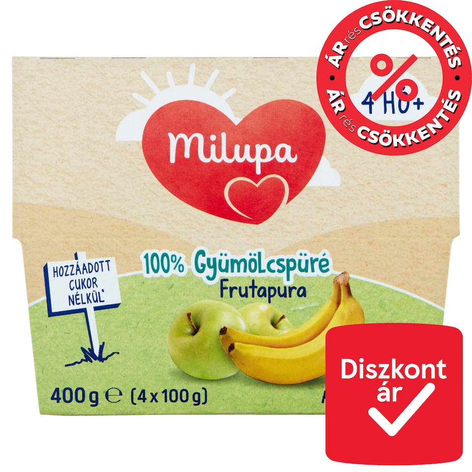 Milupa Frutapura alma-banán 100% gyümölcspüré 4 hó+ 4 x 100 g (400 g)  1. kép