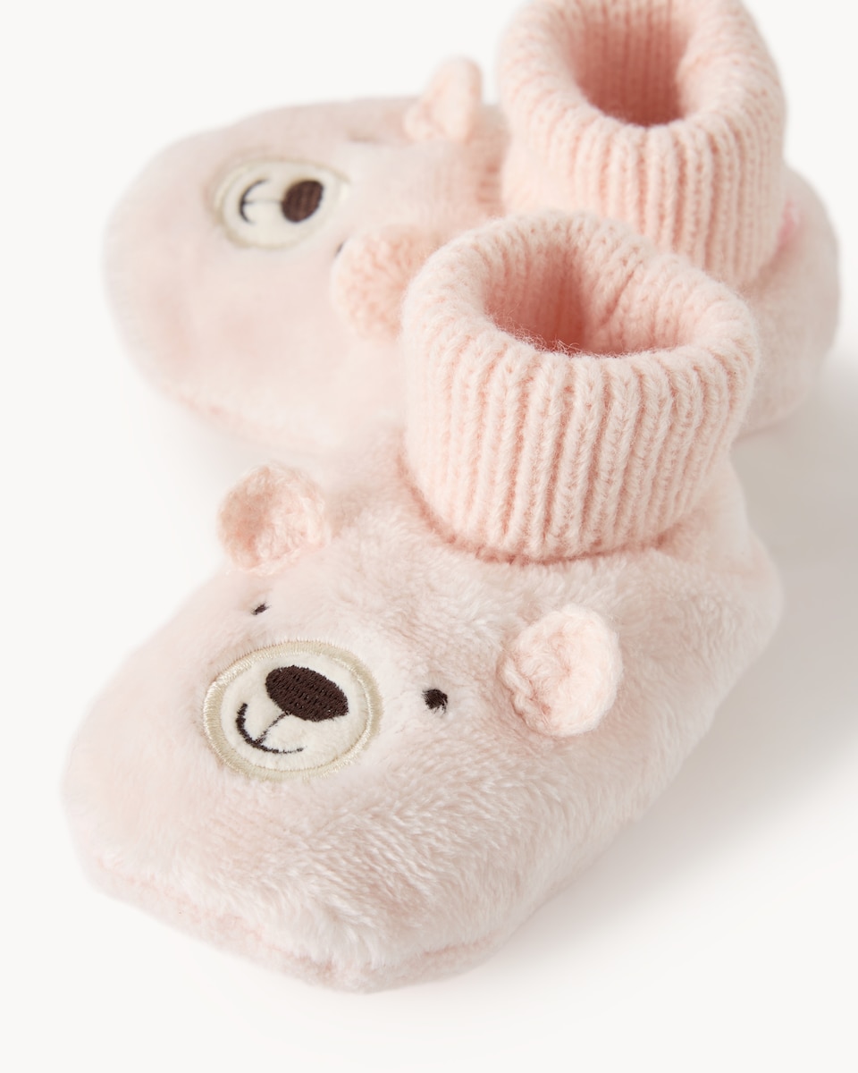 image 1 of F&F Baby Plush Bear Face Booties in Pink