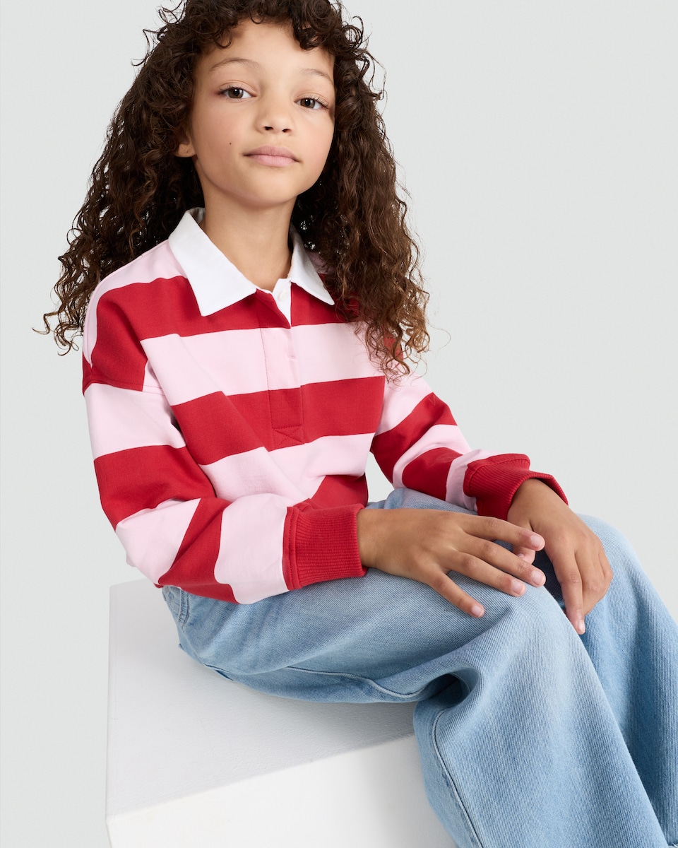 image 1 of F&F Girls Pure Cotton Stripe Print Collared Rugby Shirt in Pink