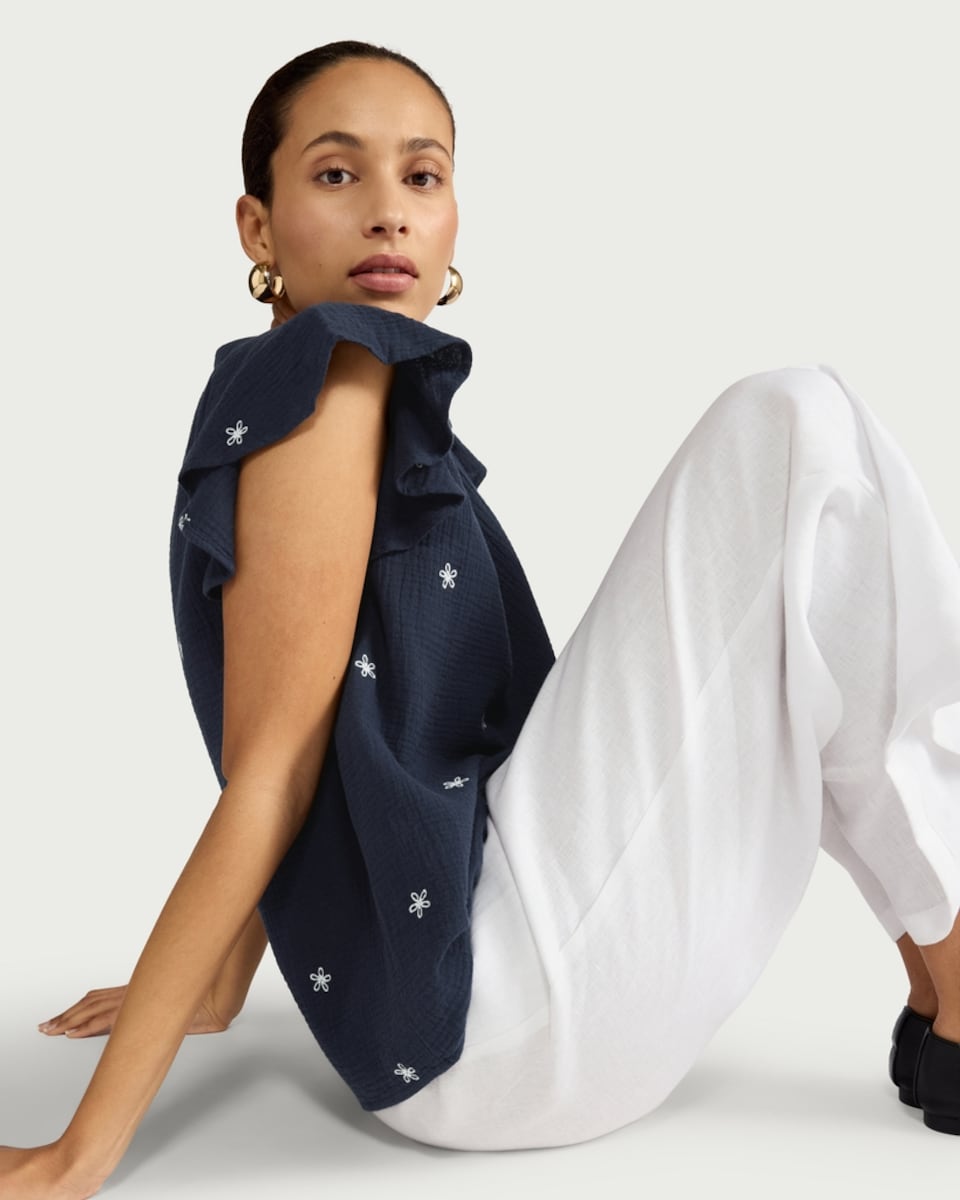 image 1 of F&F Pure Cotton Double Cloth Textured Embroidered Flutter Sleeved Top in Navy