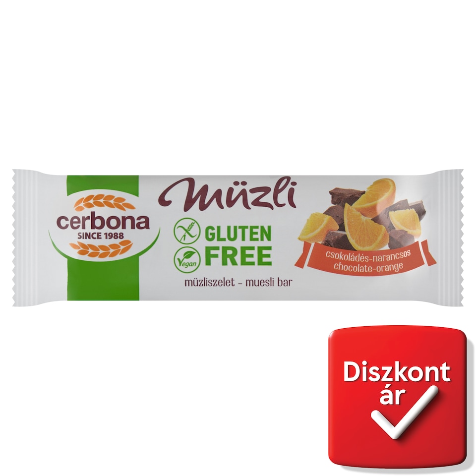 Cerbona gluténmentes csokoládés-narancsos müzliszelet kakaós bevonó talppal 35 g  1. kép