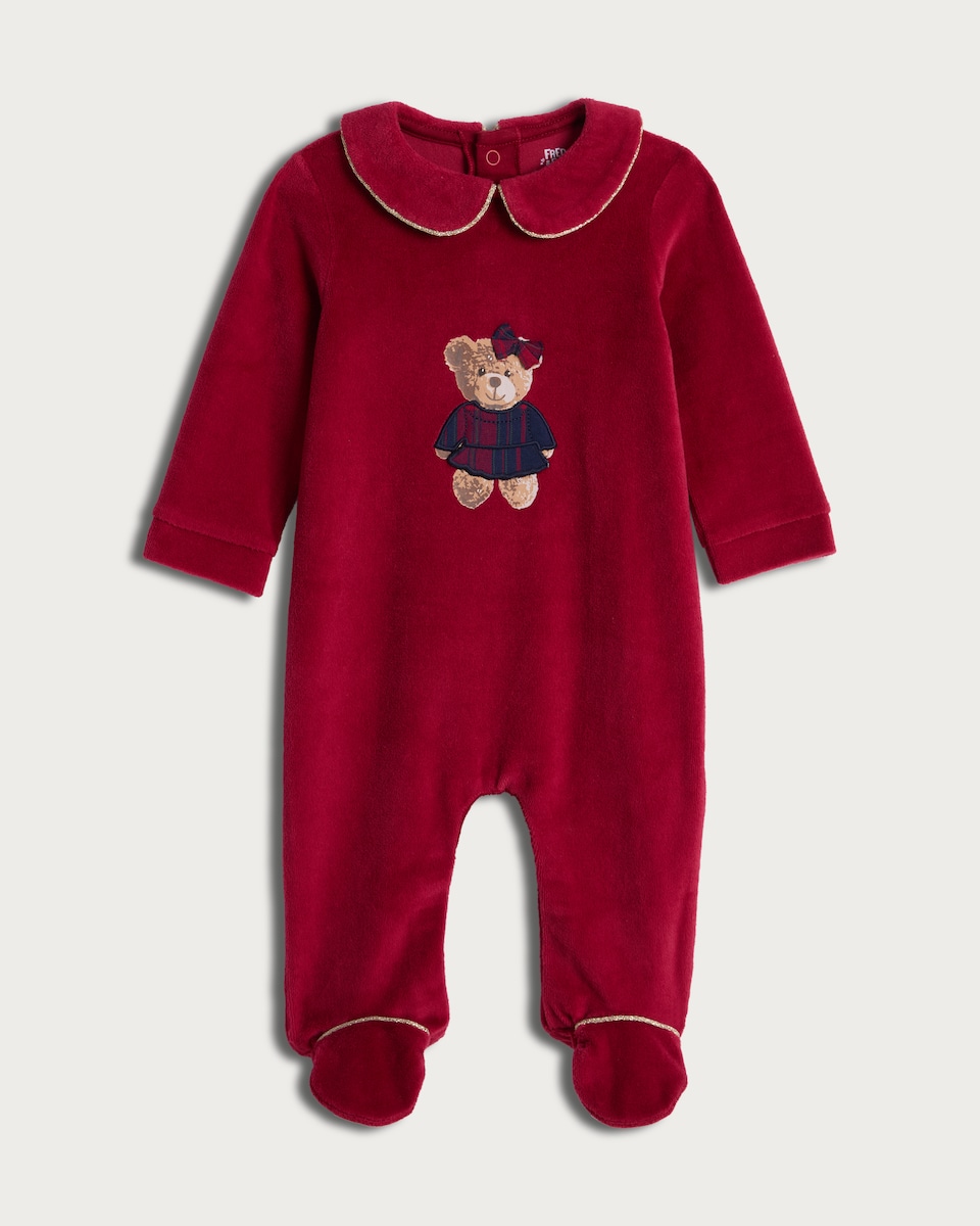 image 1 of F&F Baby Velour Teddy Bear Sleepsuit in Red