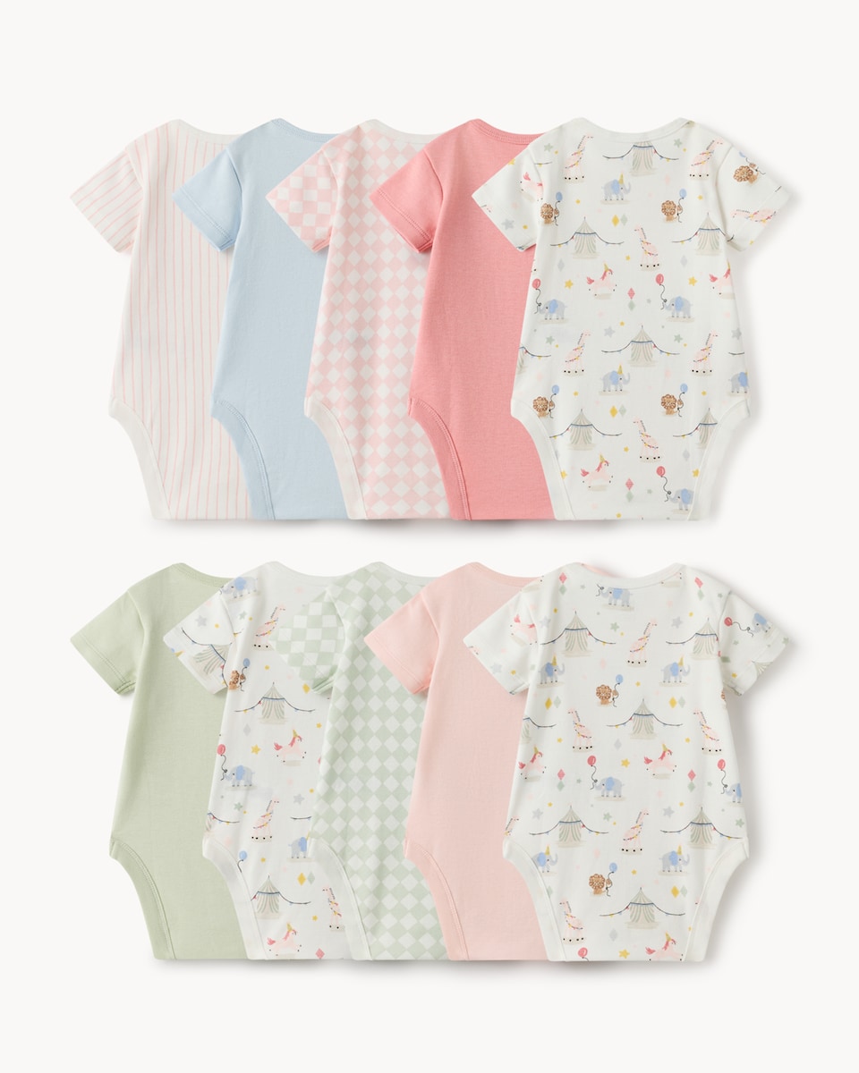 image 1 of F&F Baby 10-Pack Pure Cotton Circus Printed Bodysuits in Multi
