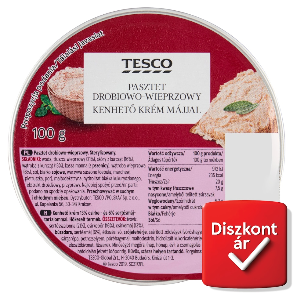 Tesco kenhető krém 13% csirke- és 6% sertésmájjal 100 g