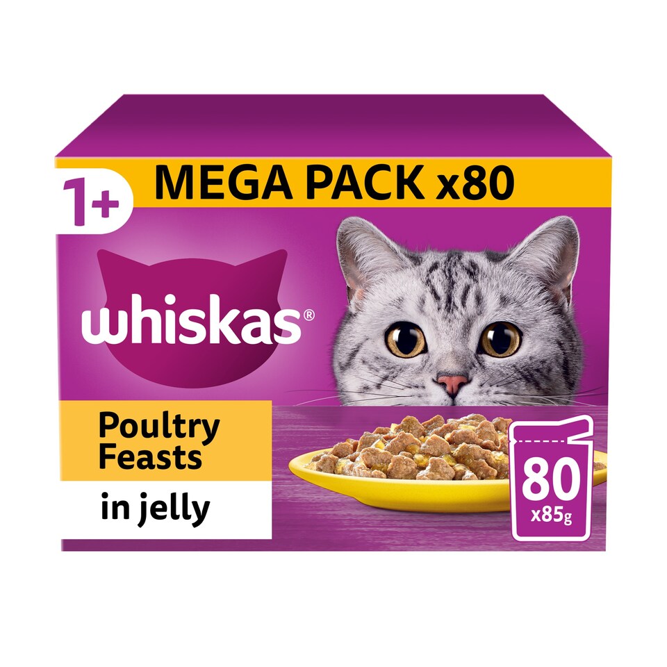 Whiskas Adult Cat Food Pouches Poultry Feasts in Jelly 80x85g Tesco