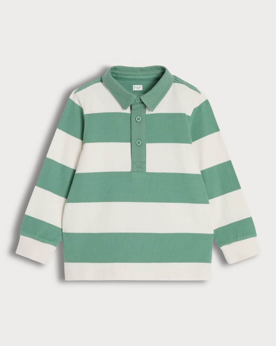 F&F Boys Pure Cotton Striped Long Sleeved Rugby Polo Shirt in Green
