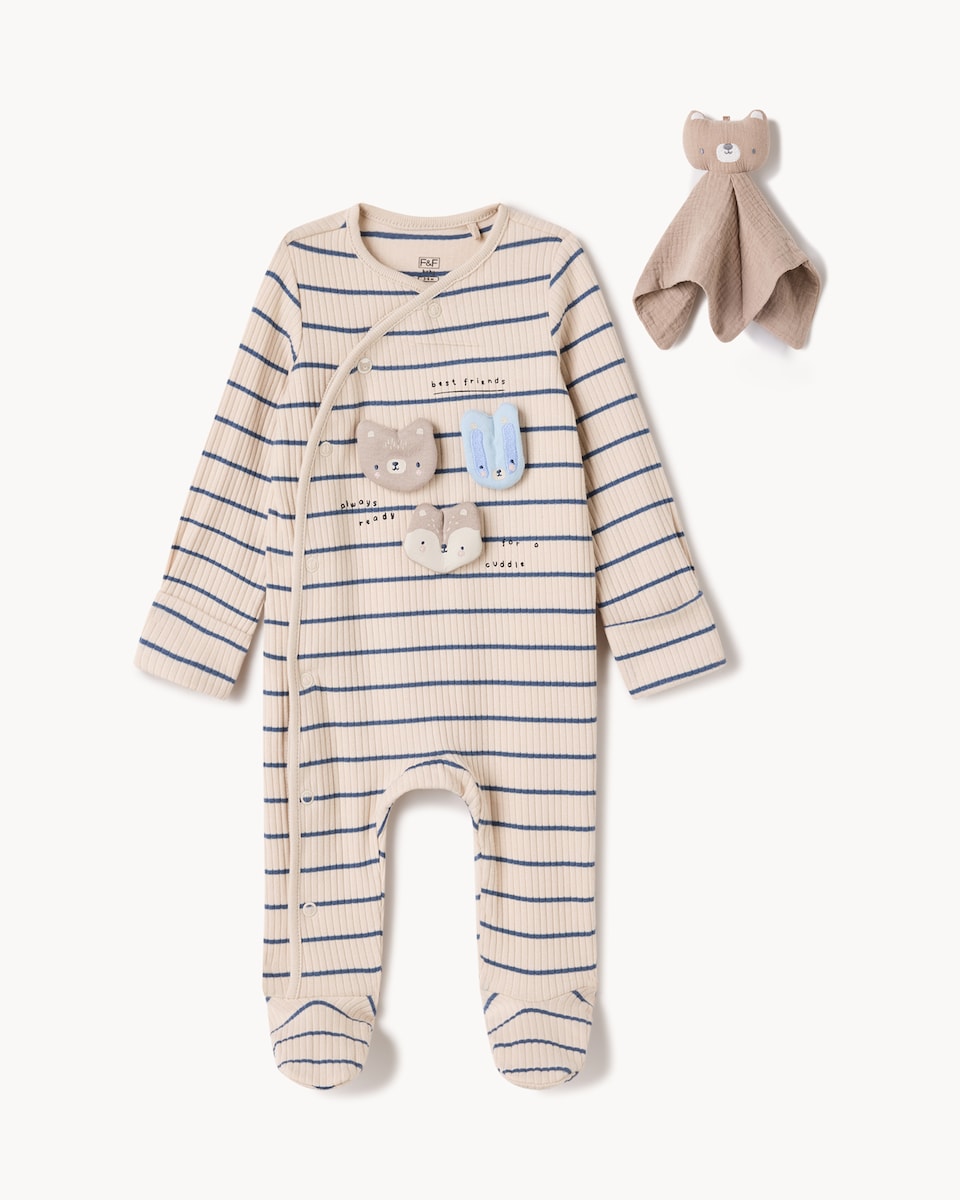 image 1 of F&F Baby 2-Piece Cotton Rich Ribbed Striped Animal Sleepsuit and Comforter Set in Stone