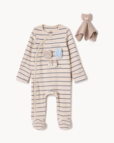 F&F Baby 2-Piece Cotton Rich Ribbed Striped Animal Sleepsuit and Comforter Set in Stone