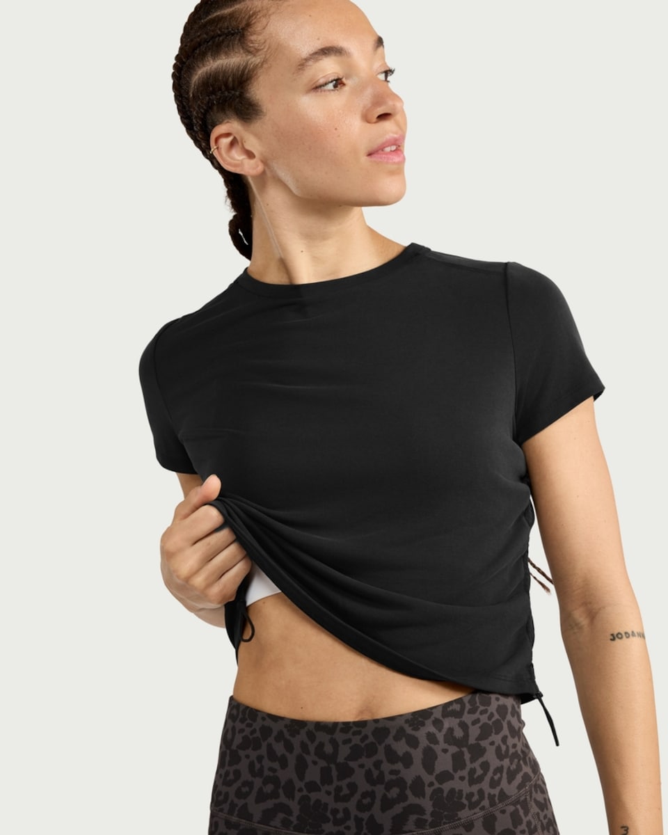 image 1 of F&F Active EVERYHOUR Ruched Side T-Shirt in Black