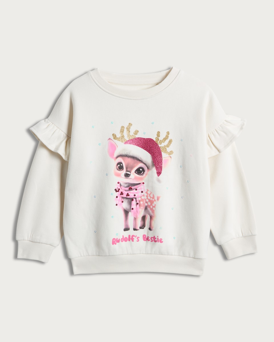 image 1 of F&F Girls Cotton Rich Rudolf's Bestie Slogan Sweatshirt in Cream